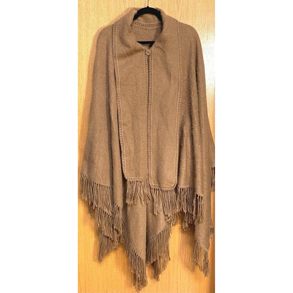 Artesania Textil Ccahuantico Alpaca Wool Brown Fringe Poncho Sweater Peru EUC